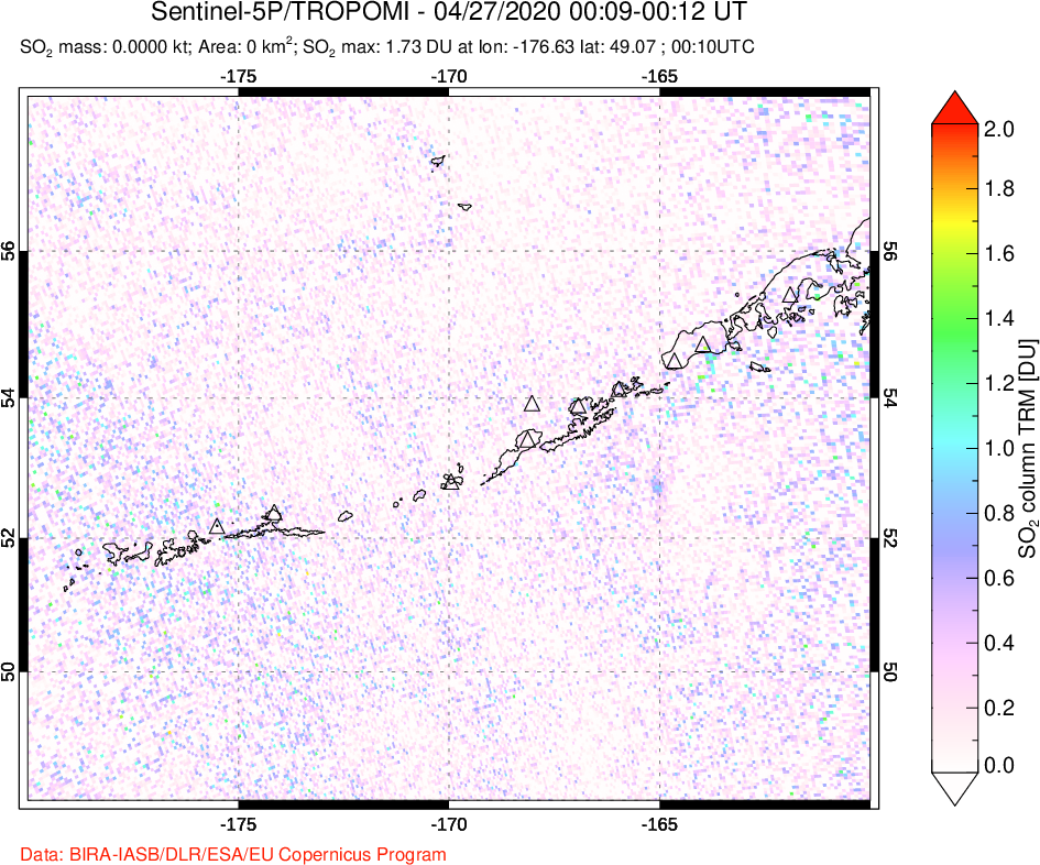 A sulfur dioxide image over Aleutian Islands, Alaska, USA on Apr 27, 2020.