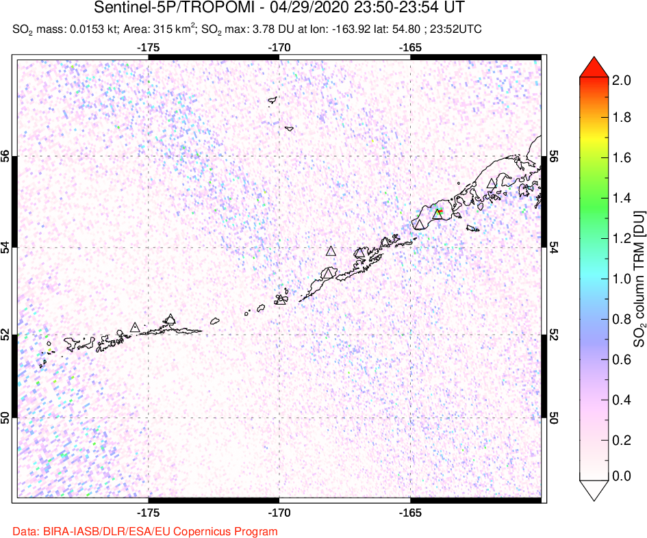 A sulfur dioxide image over Aleutian Islands, Alaska, USA on Apr 29, 2020.