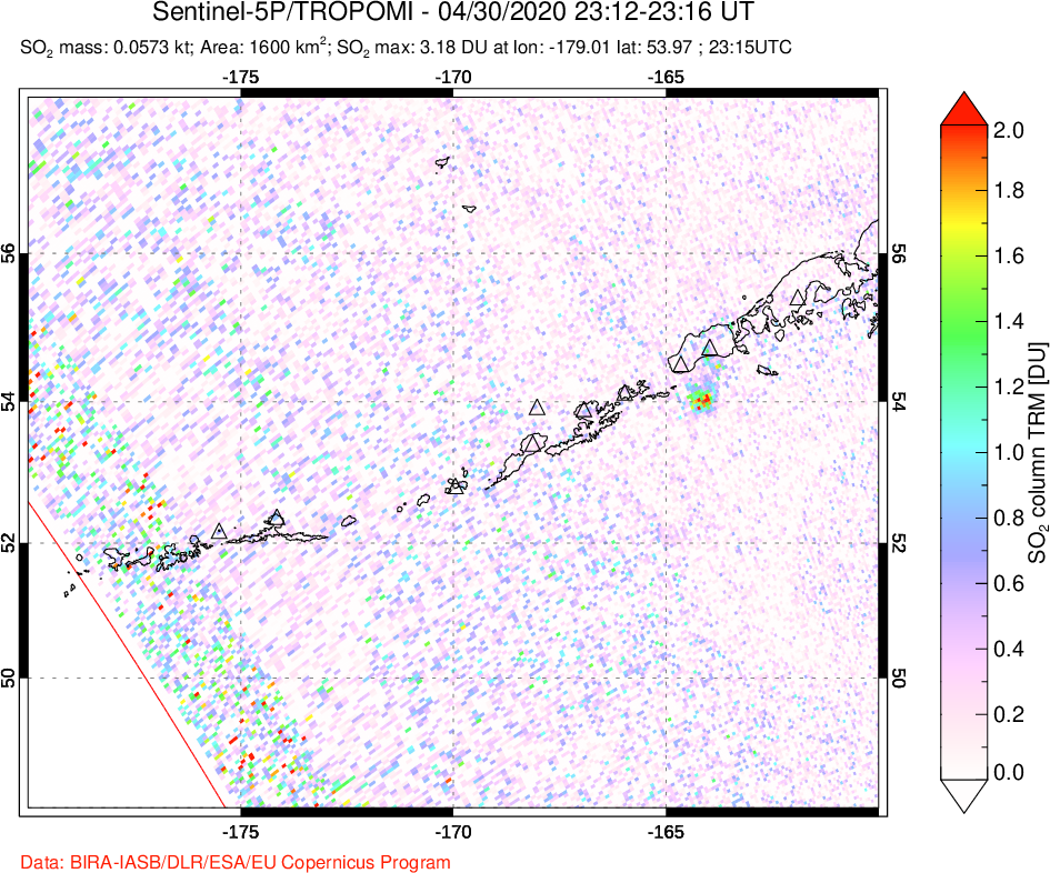 A sulfur dioxide image over Aleutian Islands, Alaska, USA on Apr 30, 2020.