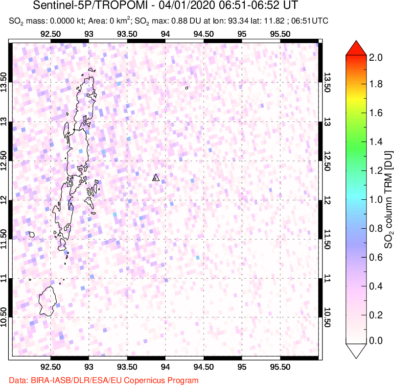 A sulfur dioxide image over Andaman Islands, Indian Ocean on Apr 01, 2020.