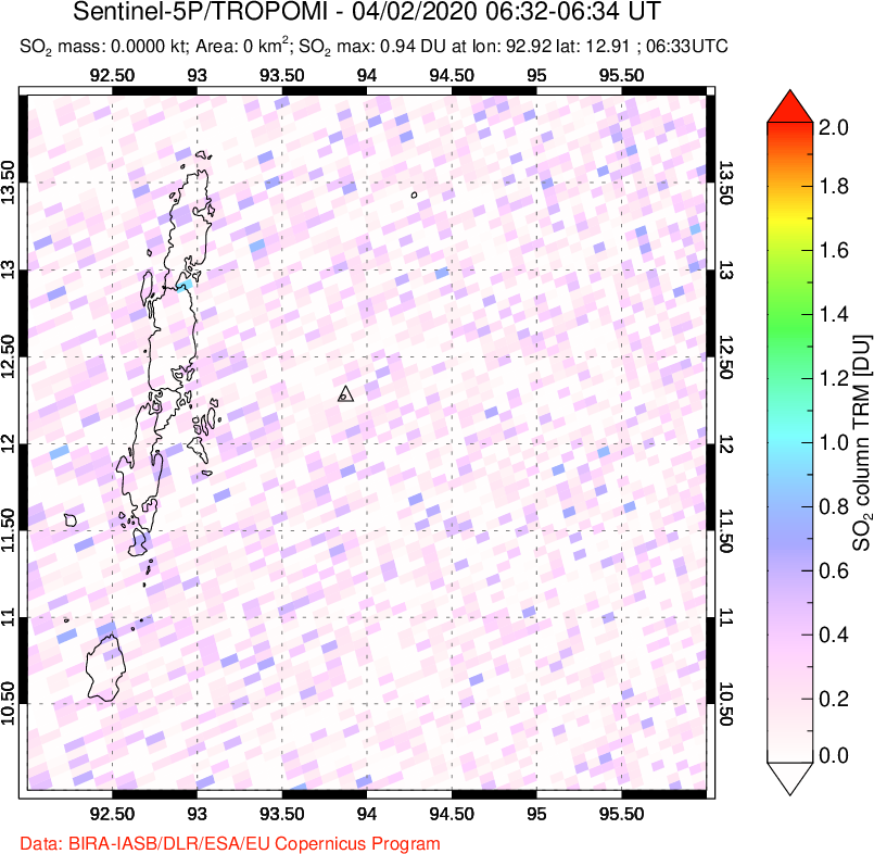 A sulfur dioxide image over Andaman Islands, Indian Ocean on Apr 02, 2020.