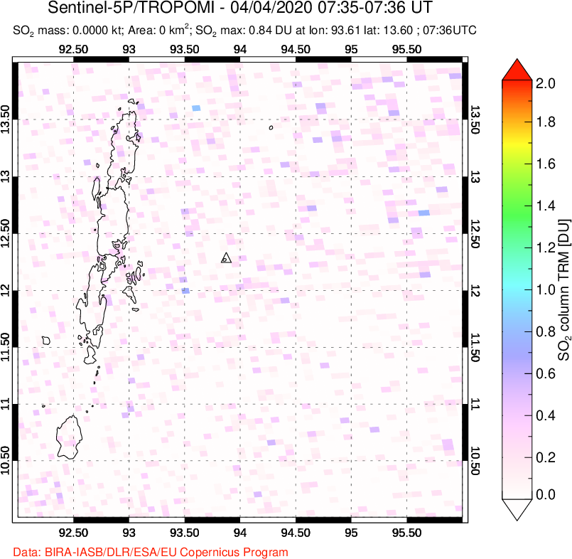 A sulfur dioxide image over Andaman Islands, Indian Ocean on Apr 04, 2020.