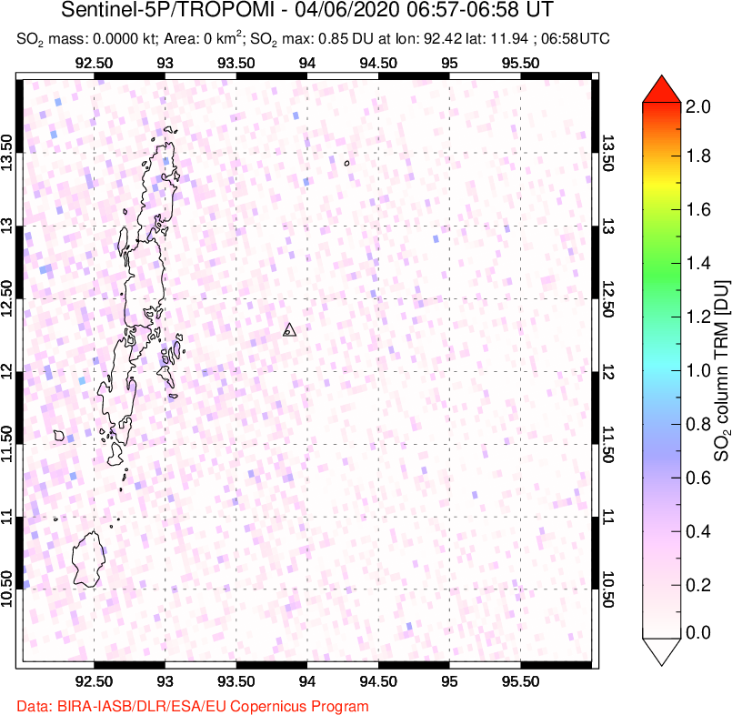 A sulfur dioxide image over Andaman Islands, Indian Ocean on Apr 06, 2020.