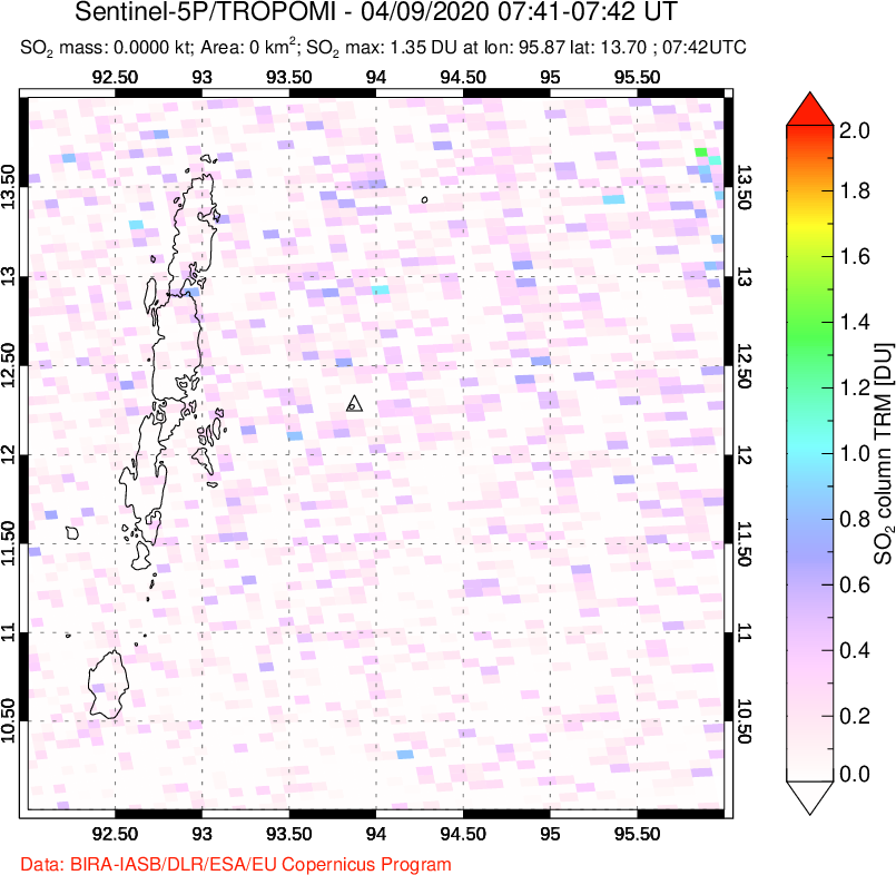 A sulfur dioxide image over Andaman Islands, Indian Ocean on Apr 09, 2020.