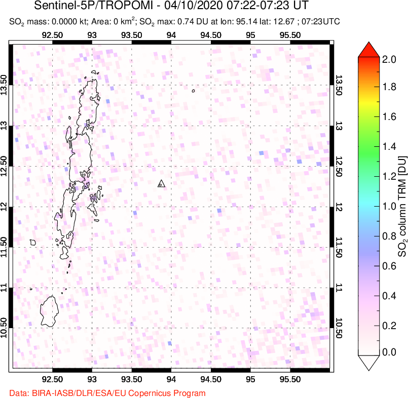 A sulfur dioxide image over Andaman Islands, Indian Ocean on Apr 10, 2020.