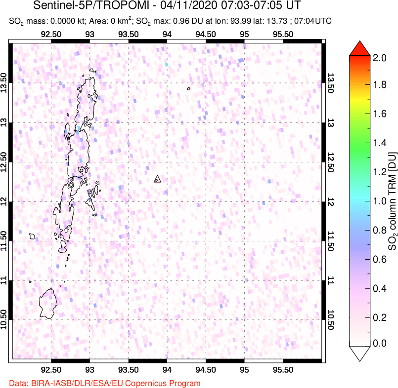 A sulfur dioxide image over Andaman Islands, Indian Ocean on Apr 11, 2020.