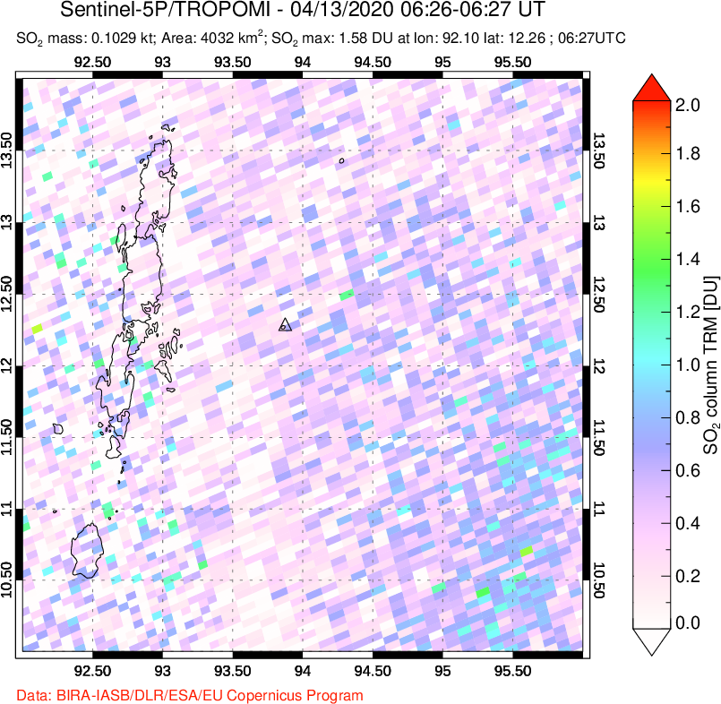 A sulfur dioxide image over Andaman Islands, Indian Ocean on Apr 13, 2020.