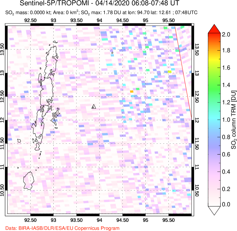 A sulfur dioxide image over Andaman Islands, Indian Ocean on Apr 14, 2020.