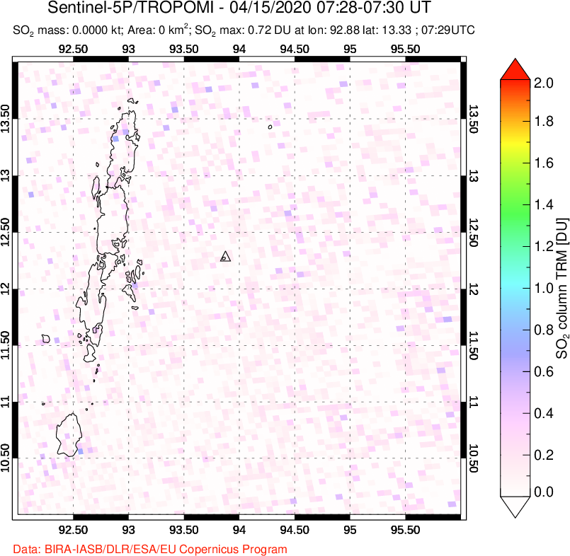 A sulfur dioxide image over Andaman Islands, Indian Ocean on Apr 15, 2020.