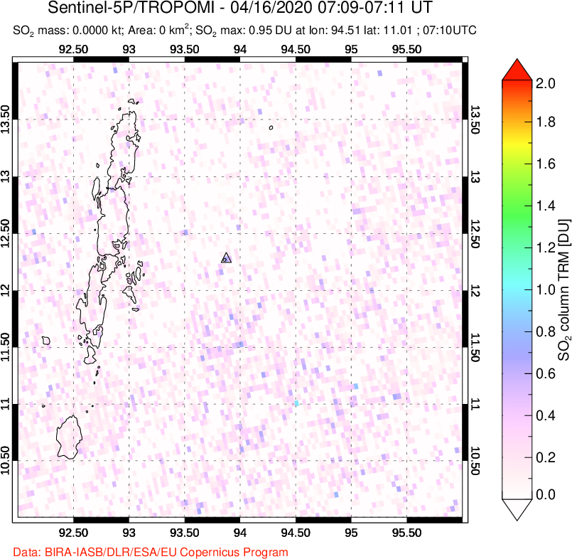A sulfur dioxide image over Andaman Islands, Indian Ocean on Apr 16, 2020.