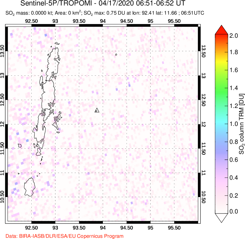 A sulfur dioxide image over Andaman Islands, Indian Ocean on Apr 17, 2020.