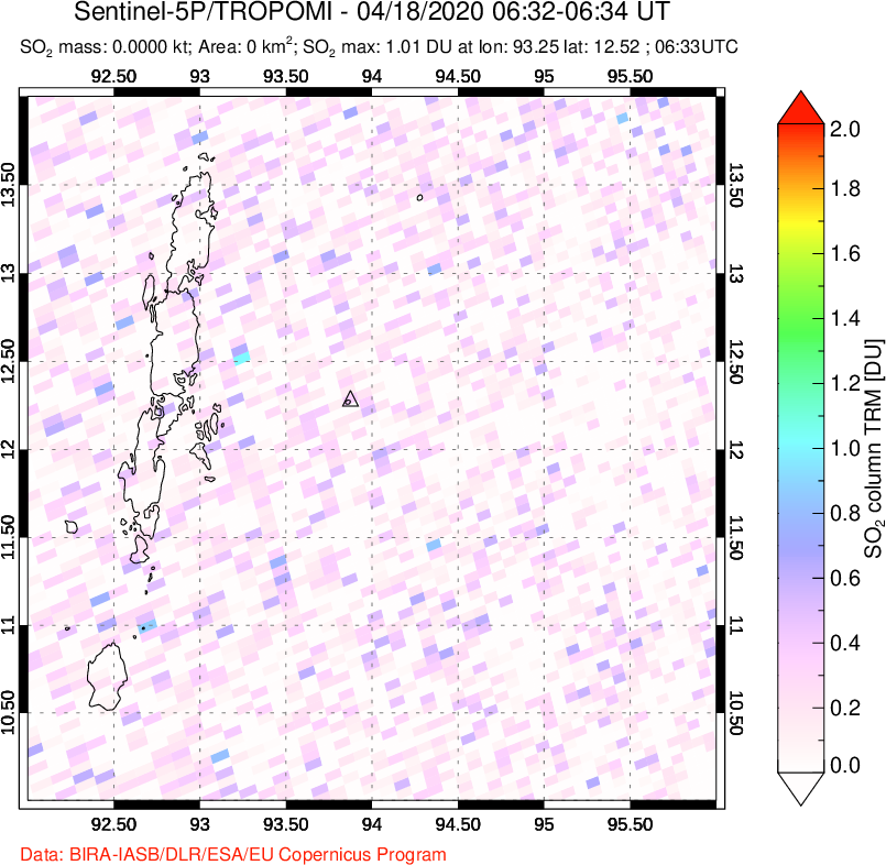 A sulfur dioxide image over Andaman Islands, Indian Ocean on Apr 18, 2020.