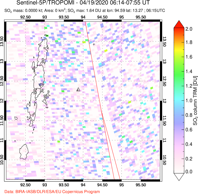 A sulfur dioxide image over Andaman Islands, Indian Ocean on Apr 19, 2020.
