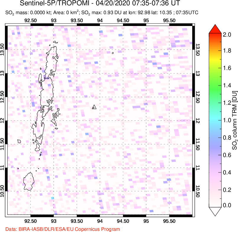 A sulfur dioxide image over Andaman Islands, Indian Ocean on Apr 20, 2020.
