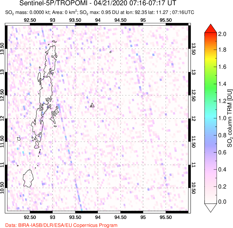 A sulfur dioxide image over Andaman Islands, Indian Ocean on Apr 21, 2020.