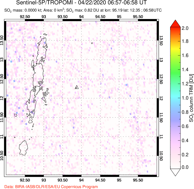 A sulfur dioxide image over Andaman Islands, Indian Ocean on Apr 22, 2020.