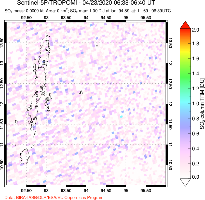 A sulfur dioxide image over Andaman Islands, Indian Ocean on Apr 23, 2020.