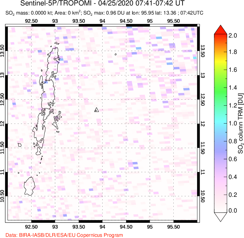 A sulfur dioxide image over Andaman Islands, Indian Ocean on Apr 25, 2020.
