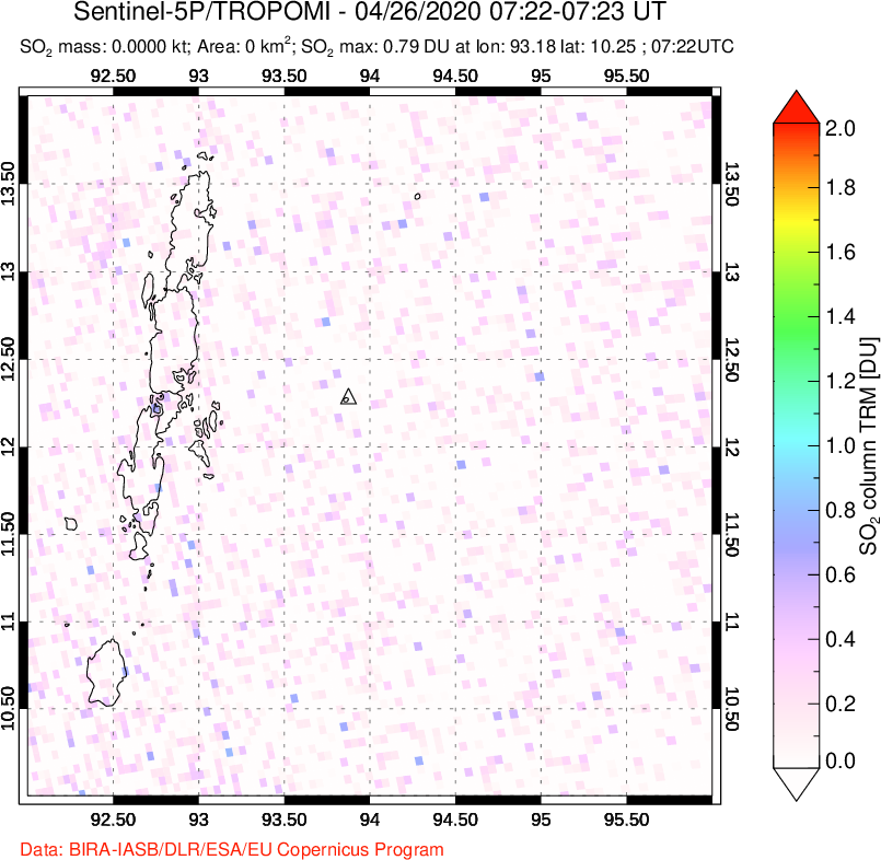 A sulfur dioxide image over Andaman Islands, Indian Ocean on Apr 26, 2020.