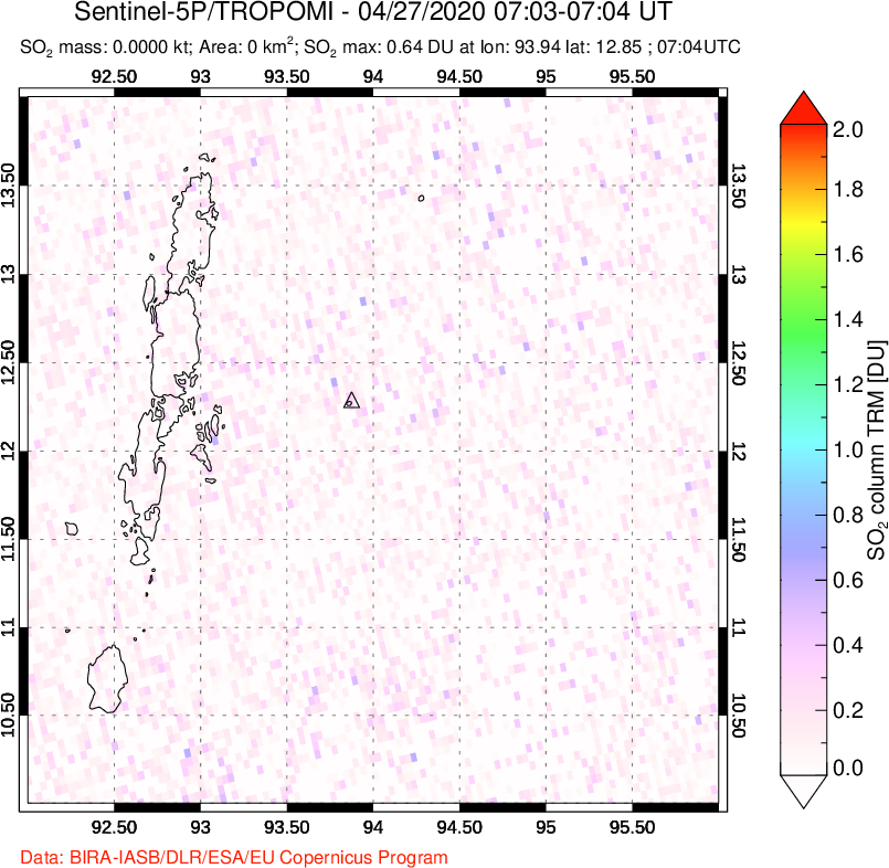 A sulfur dioxide image over Andaman Islands, Indian Ocean on Apr 27, 2020.