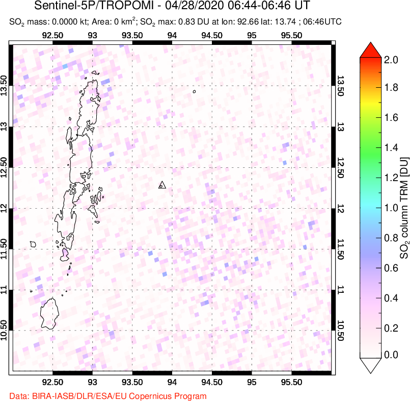 A sulfur dioxide image over Andaman Islands, Indian Ocean on Apr 28, 2020.