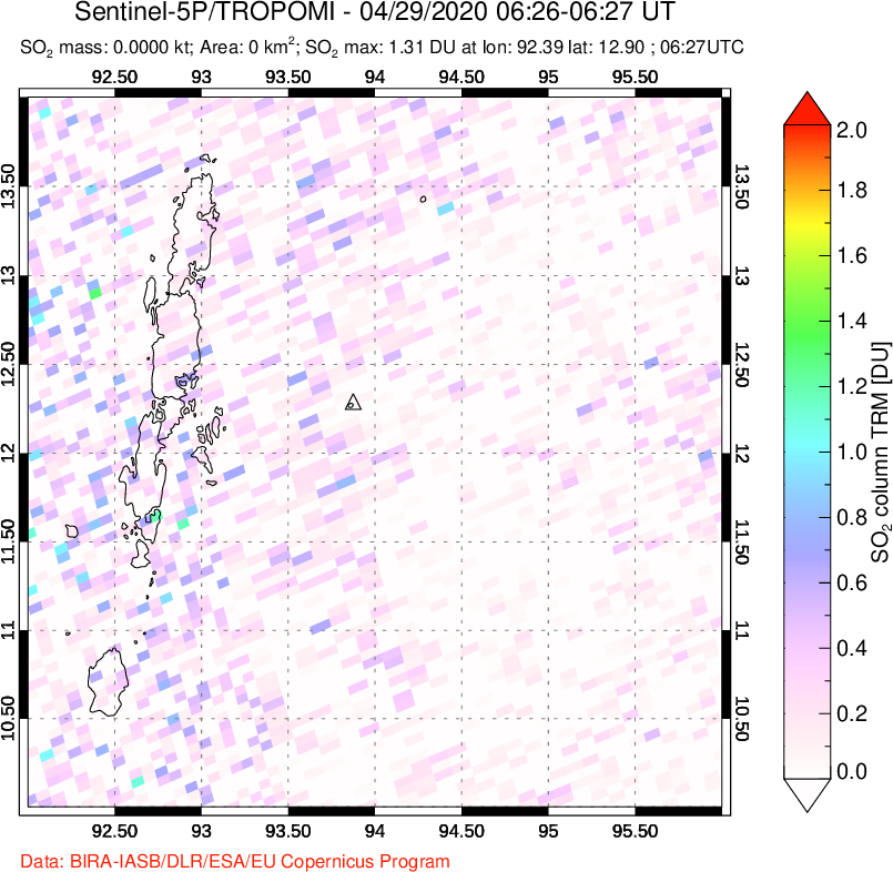 A sulfur dioxide image over Andaman Islands, Indian Ocean on Apr 29, 2020.