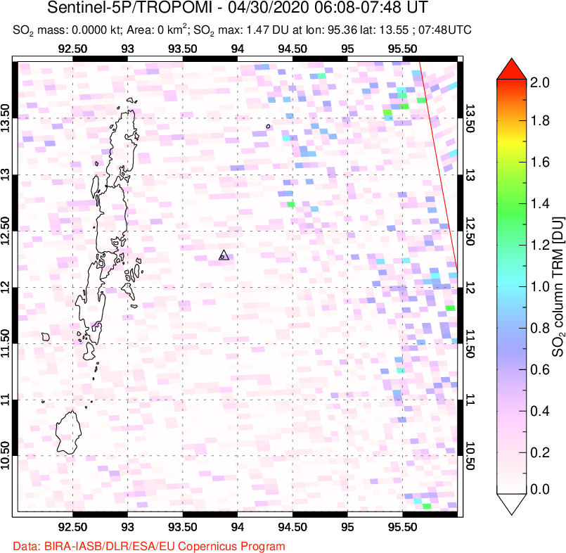 A sulfur dioxide image over Andaman Islands, Indian Ocean on Apr 30, 2020.