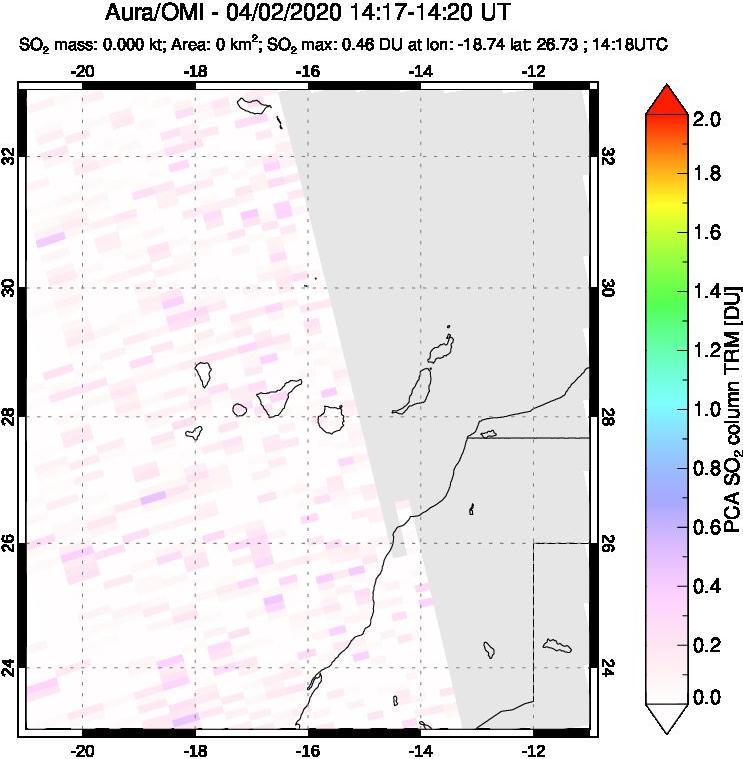 A sulfur dioxide image over Canary Islands on Apr 02, 2020.