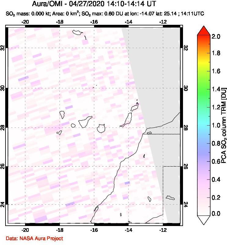 A sulfur dioxide image over Canary Islands on Apr 27, 2020.