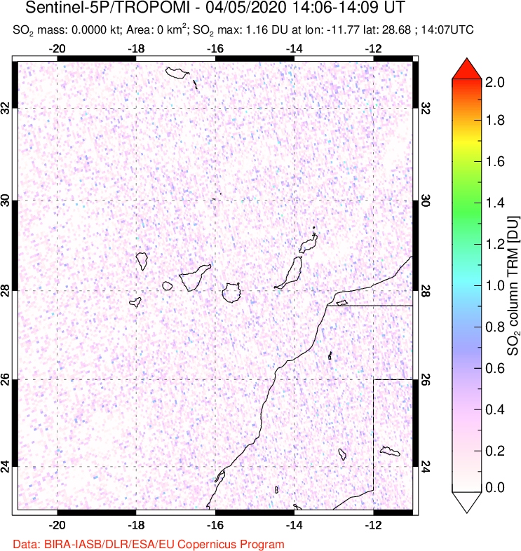 A sulfur dioxide image over Canary Islands on Apr 05, 2020.