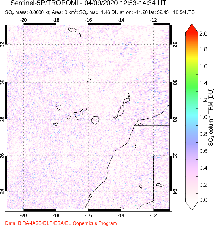 A sulfur dioxide image over Canary Islands on Apr 09, 2020.