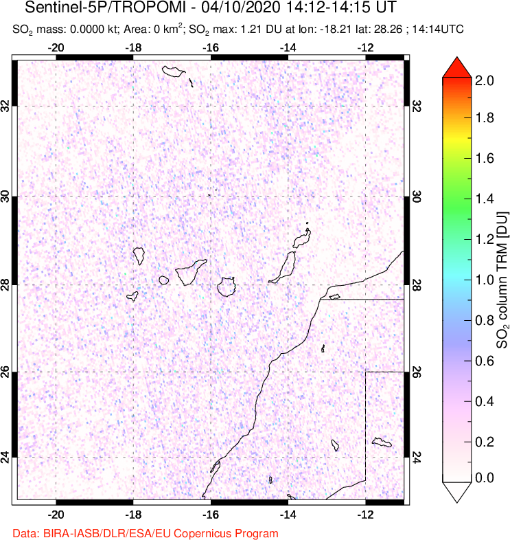 A sulfur dioxide image over Canary Islands on Apr 10, 2020.