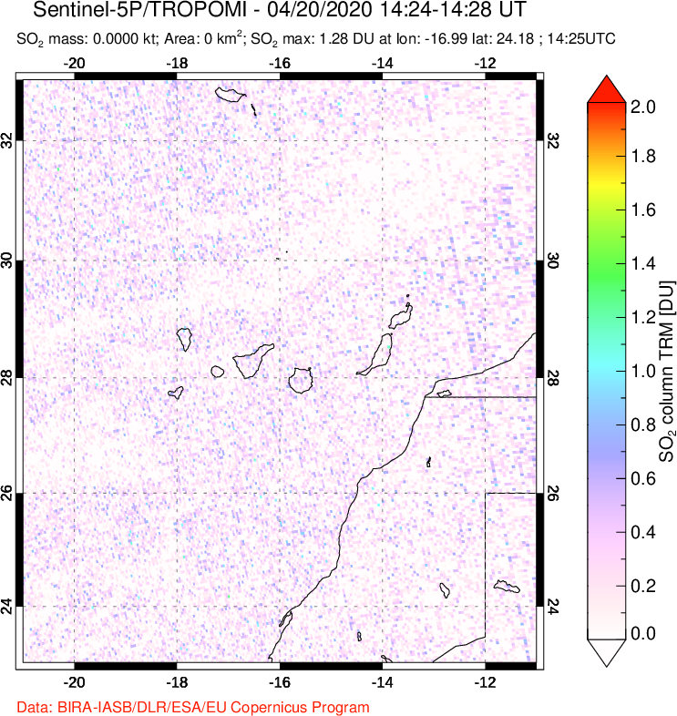 A sulfur dioxide image over Canary Islands on Apr 20, 2020.