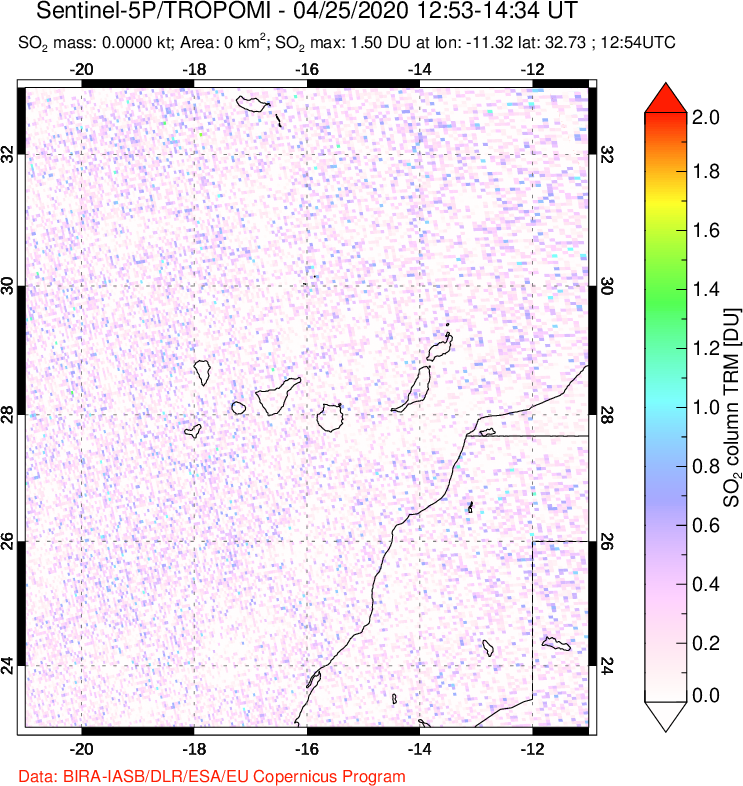 A sulfur dioxide image over Canary Islands on Apr 25, 2020.