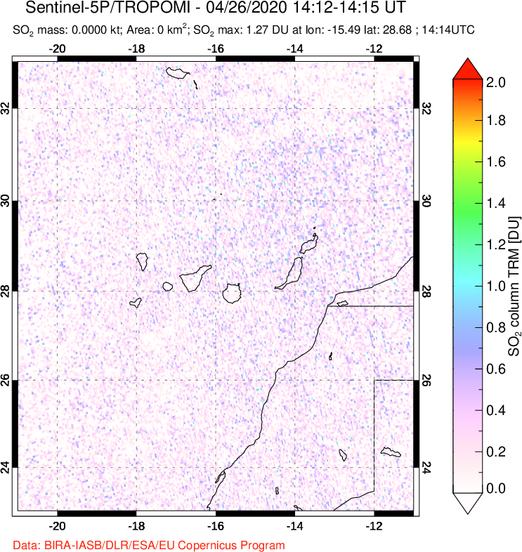 A sulfur dioxide image over Canary Islands on Apr 26, 2020.