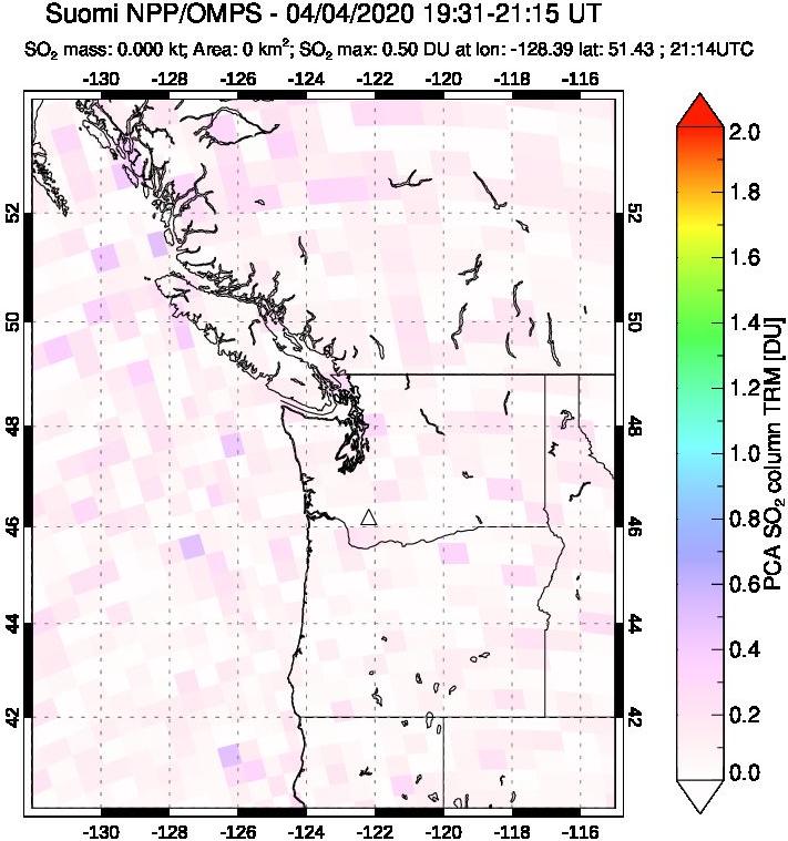 A sulfur dioxide image over Cascade Range, USA on Apr 04, 2020.