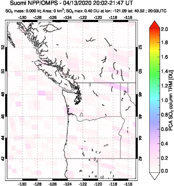 A sulfur dioxide image over Cascade Range, USA on Apr 13, 2020.