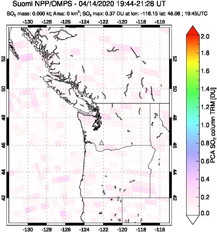 A sulfur dioxide image over Cascade Range, USA on Apr 14, 2020.