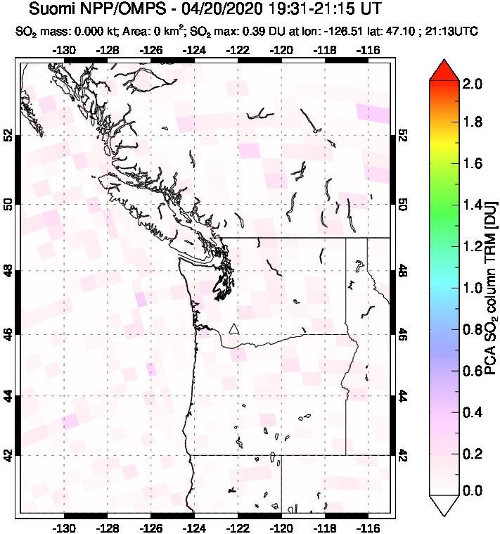 A sulfur dioxide image over Cascade Range, USA on Apr 20, 2020.
