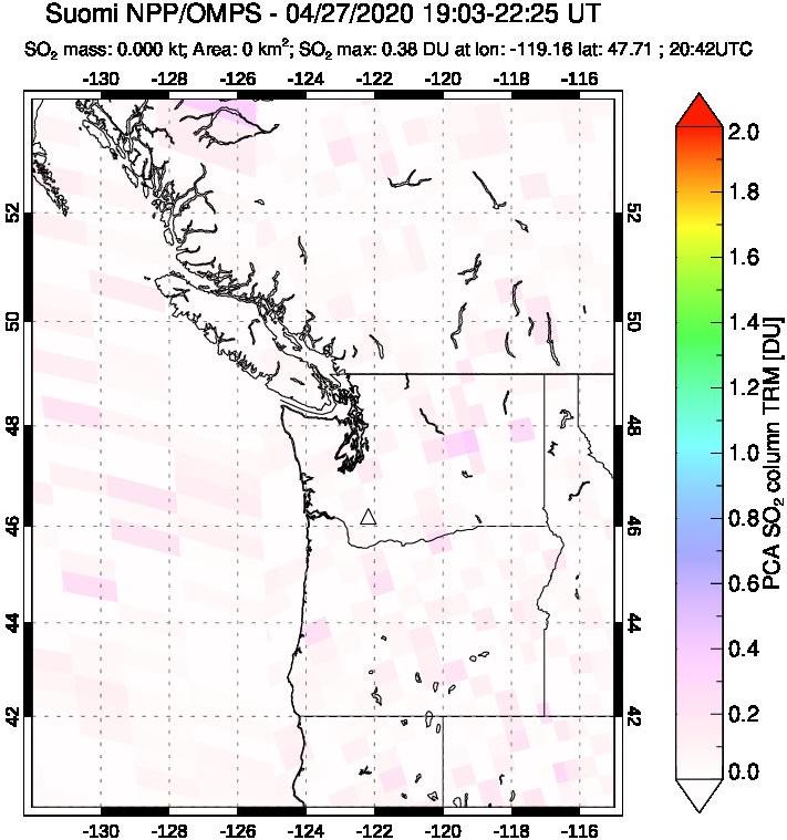 A sulfur dioxide image over Cascade Range, USA on Apr 27, 2020.