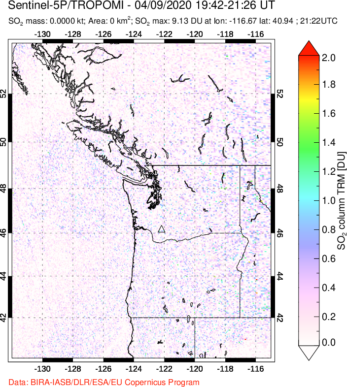 A sulfur dioxide image over Cascade Range, USA on Apr 09, 2020.