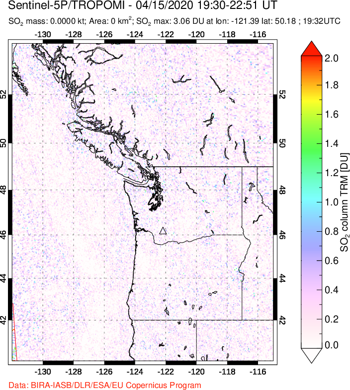 A sulfur dioxide image over Cascade Range, USA on Apr 15, 2020.
