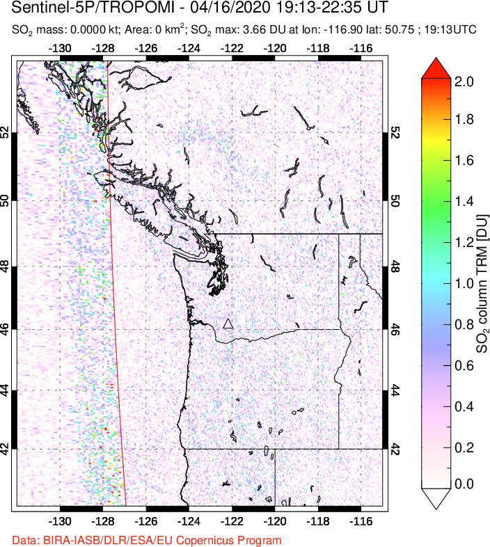 A sulfur dioxide image over Cascade Range, USA on Apr 16, 2020.