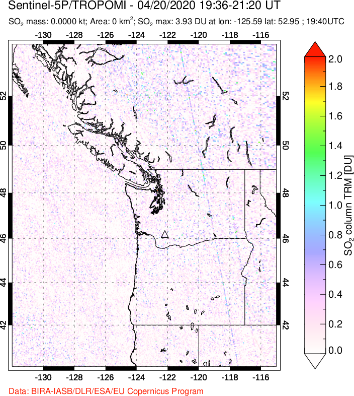 A sulfur dioxide image over Cascade Range, USA on Apr 20, 2020.