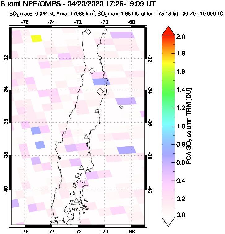 A sulfur dioxide image over Central Chile on Apr 20, 2020.