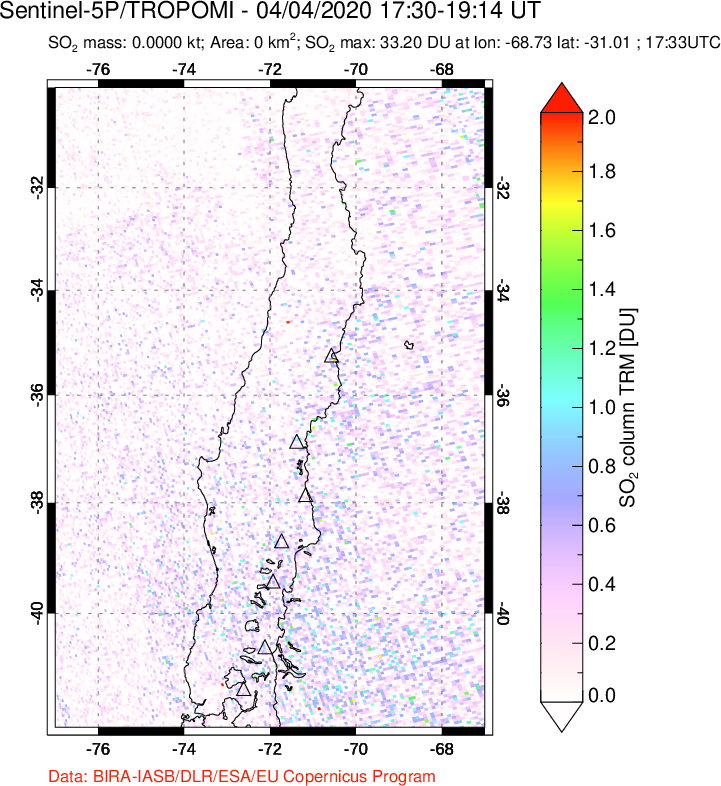 A sulfur dioxide image over Central Chile on Apr 04, 2020.