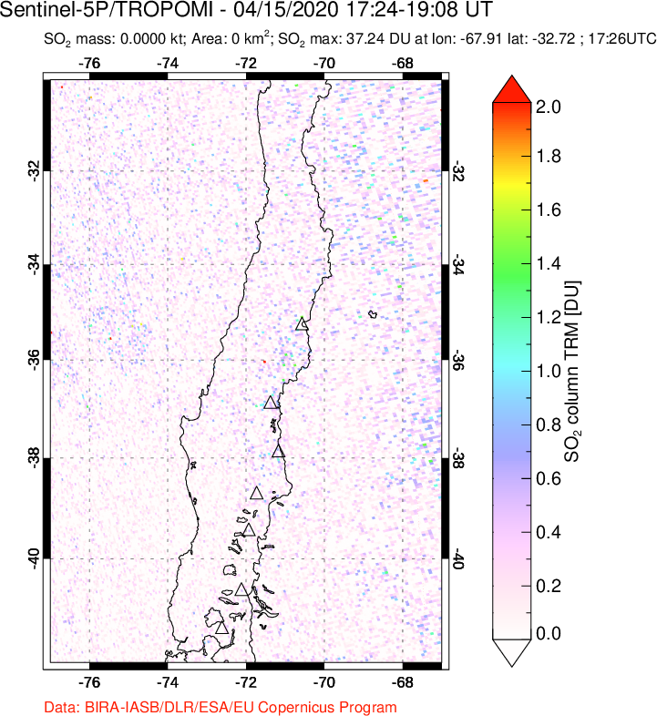 A sulfur dioxide image over Central Chile on Apr 15, 2020.