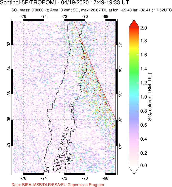 A sulfur dioxide image over Central Chile on Apr 19, 2020.