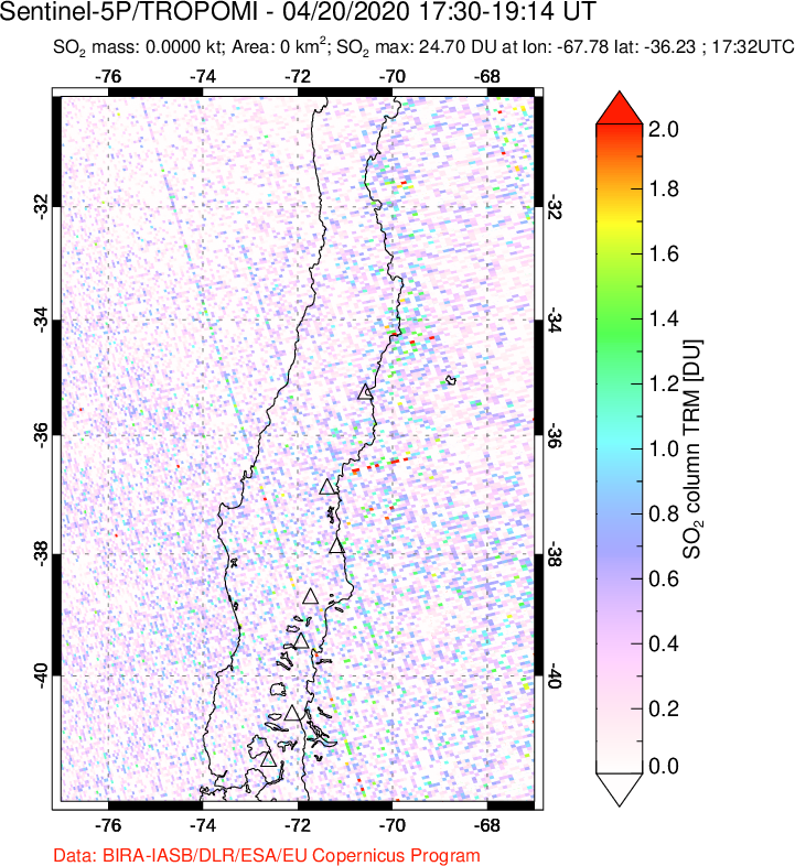 A sulfur dioxide image over Central Chile on Apr 20, 2020.