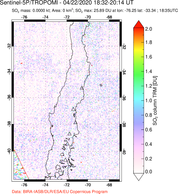 A sulfur dioxide image over Central Chile on Apr 22, 2020.